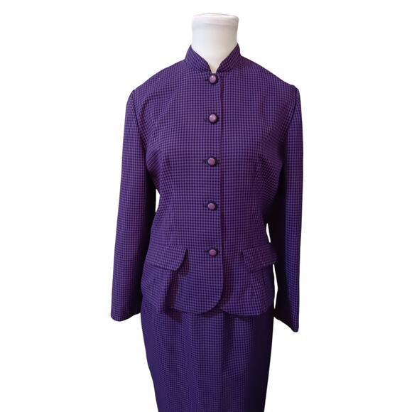 VINTAGE 1970s 2 Piece Suit Long Midi Skirt Jacket Set Large Purple Black Gingham - Picture 3 of 16